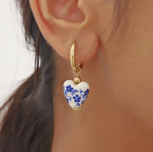 BLUE CERAMIC PORCELAIN  GOLD PEARL DROP EARRINGS | 40E391